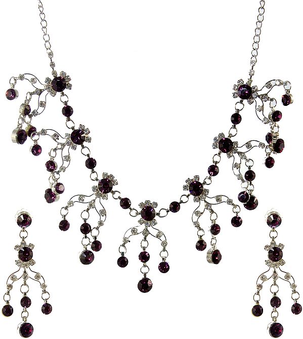 Purple Victorian Necklace and Earrings Set with Cut Glass