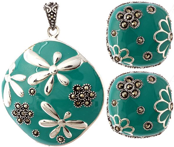 Enameled Fertility Pendant with Marcasite and Earrings Set
