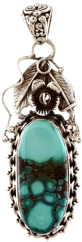 Tibetan Turquoise Pendant with Sterling Leaves and Flowers