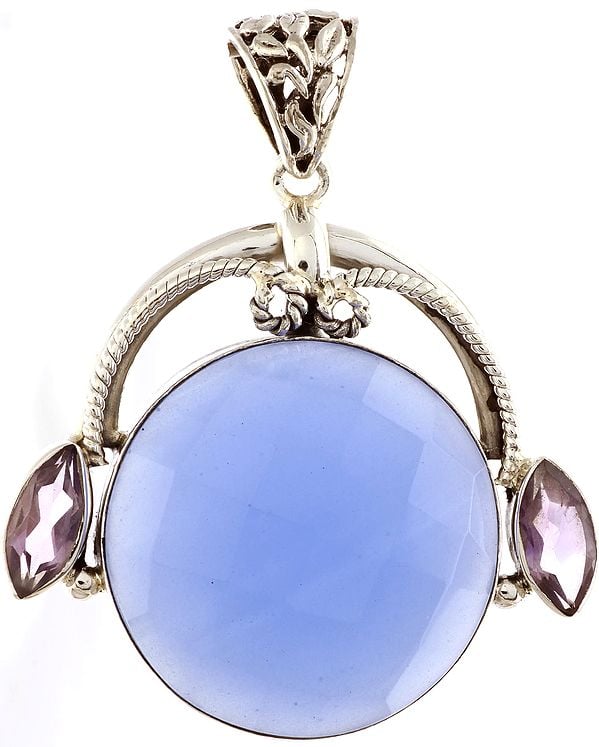 Faceted Blue Chalcedony Pendant with Amethyst