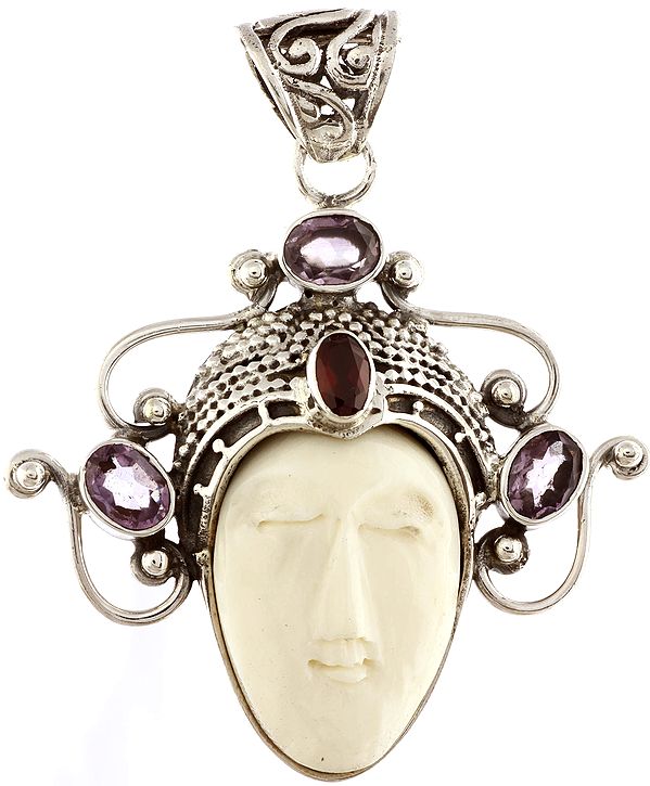 Goddess White Tara Face Pendant (Carved in Stone with Faceted Amethyst)