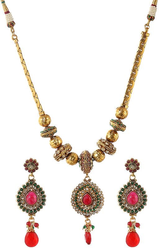 Faux Ruby and Emerald Beaded Necklace Set