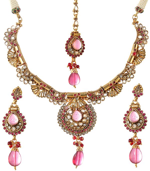 Pink Polki Floral Necklace Set