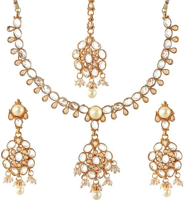 Faux Pearl and Crystal Necklace Earrings and Tika Set