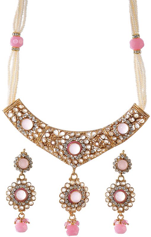 Pink Polki Necklace and Earrings Set with Faux Pearl