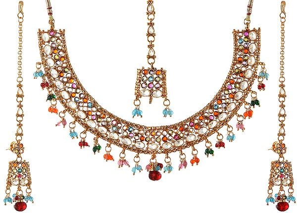 Multi-Color Polki Necklace Set with Tika