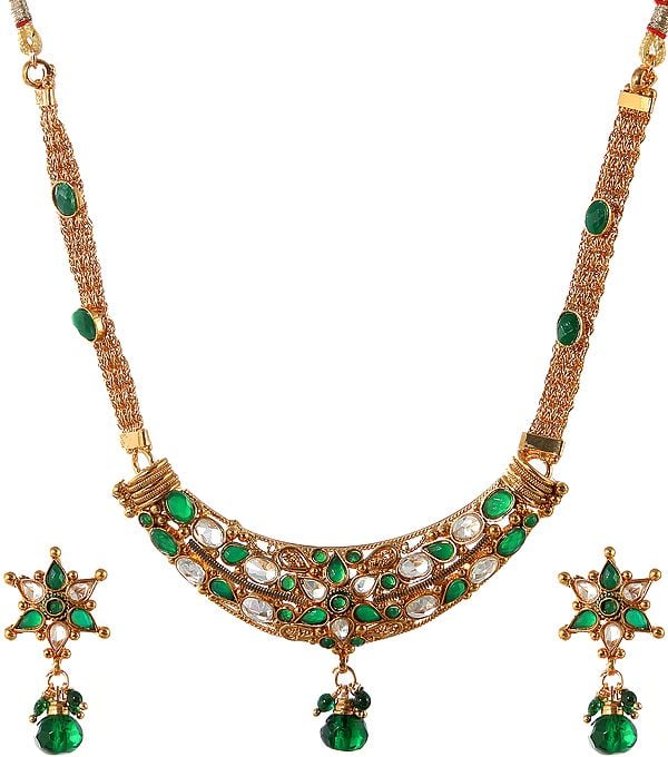 Green Polki Necklace and Earrings Set
