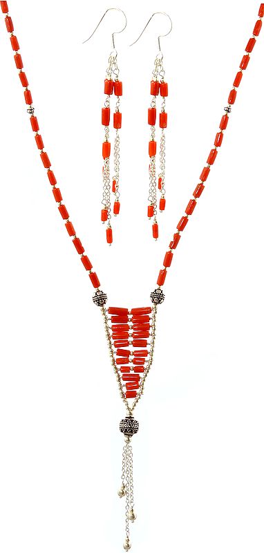 Coral Beaded Necklace with Earrings Set