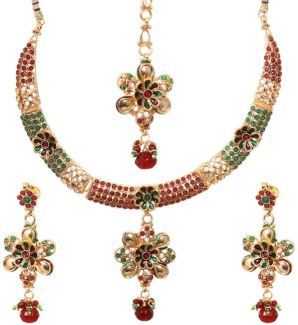 Faux Ruby and Emerald Floral Necklace Set with Mang Tika and Meenakari