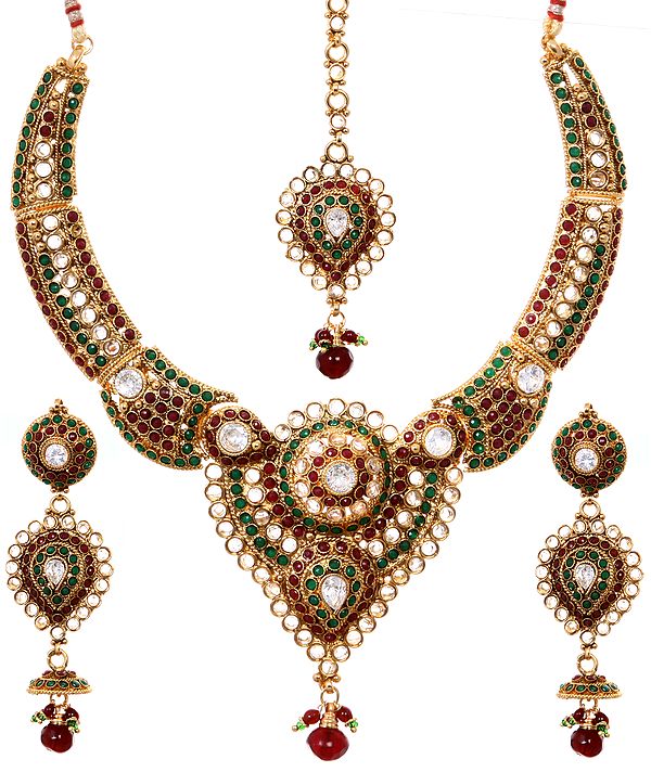 Tri-Color Designer Necklace Set with Faux Ruby and Emerald