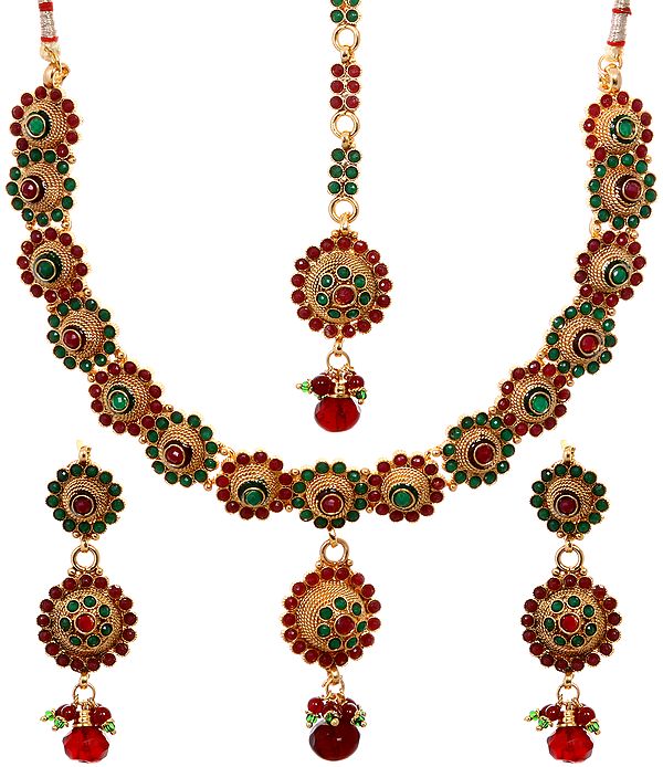Faux Ruby and Emerald Floral Necklace Set