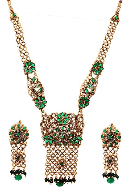 Faux Emerald Polki Necklace and Earrings Set