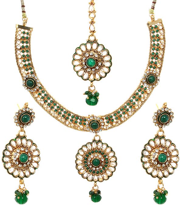 Green Necklace Set with Lotus Pendant