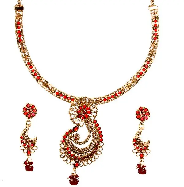 Garnet-Red Polki Necklace Set with Faux Pearl and Designer Paisley Pendant