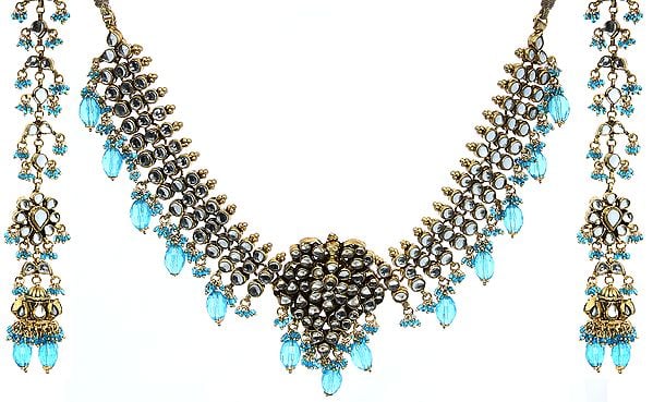 Kundan Necklace Set with Cyan-Blue Beads