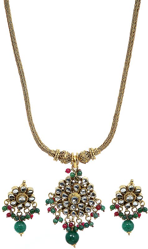 Faux Ruby and Emerald Kundan Necklace and Earrings Set