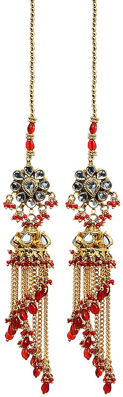 Red Earwrap Umbrella Chandeliers with Kundan and Glass Beads