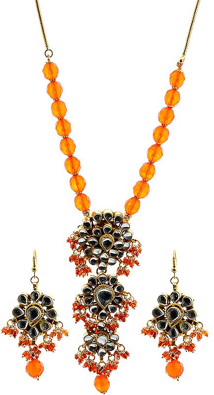 Orange Kundan Necklace with Pendant and Earrings Set