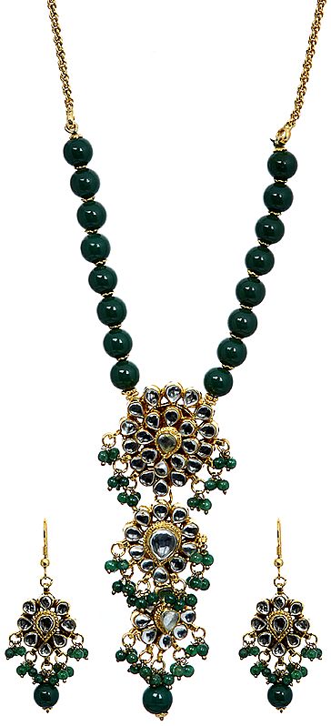 Kundan Beaded Necklace Set with Green Beads