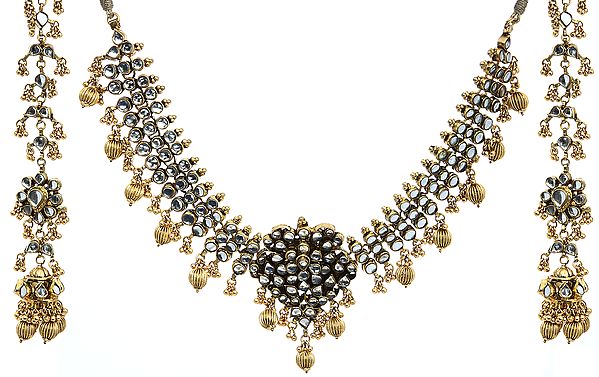 Kundan Three-Strand Necklace Set with Golden Beads