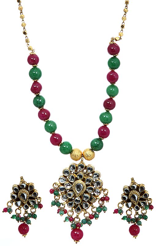 Faux Ruby and Emerald Beaded Necklace with Kundan Pendant and Earrings Set