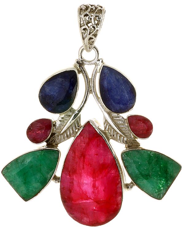 Three-Gemstones Pendant (Faceted Sapphire, Ruby and Emerald)