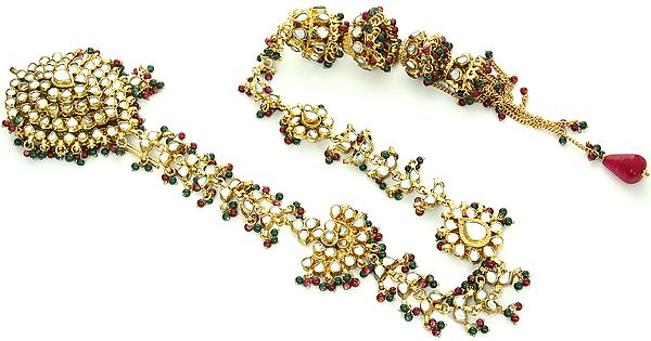 Bridal Kundan Hair-braid Ornament (Choti) with Faux Ruby and Emerald