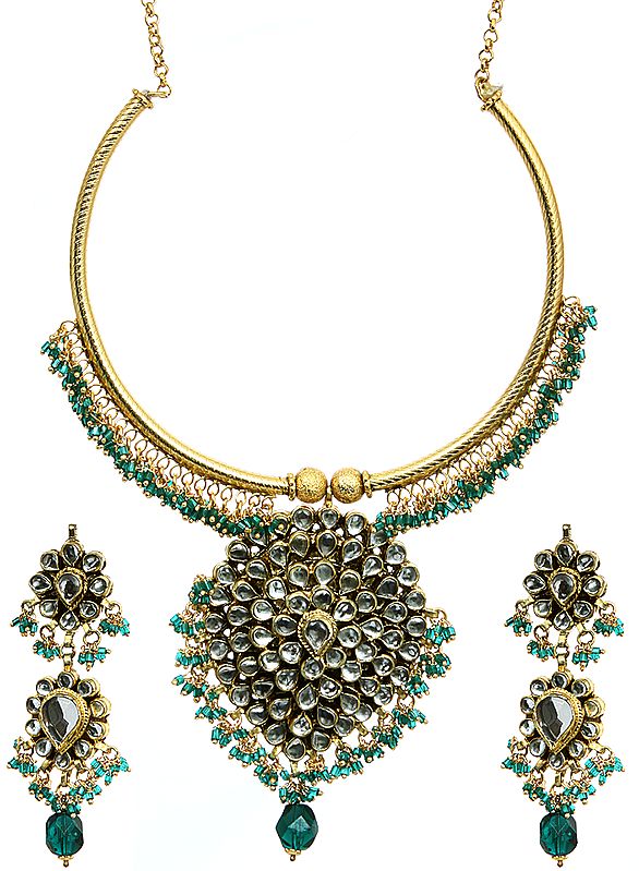 Kundan Necklace Set with Ceramic-Green Faux Stones