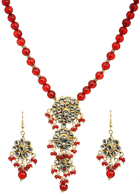 Red Color Beaded Necklace with Earrings Set