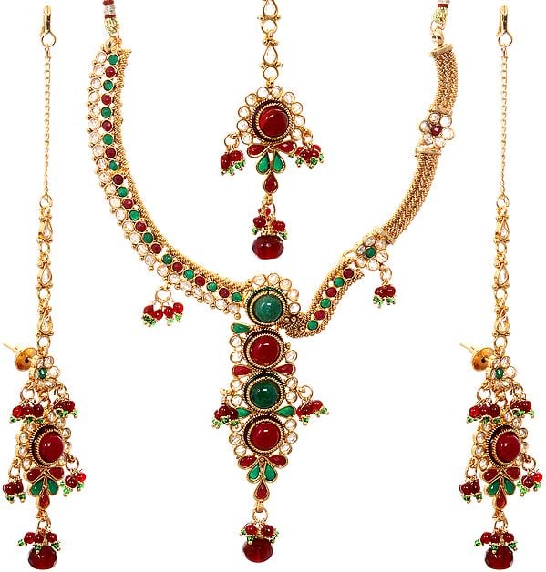 Faux Emerald and Ruby Necklace Set with Tika