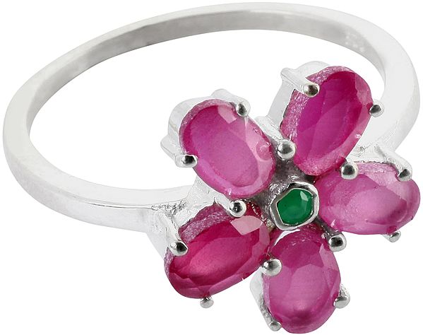 Faceted Ruby and Green Onyx Flower Ring