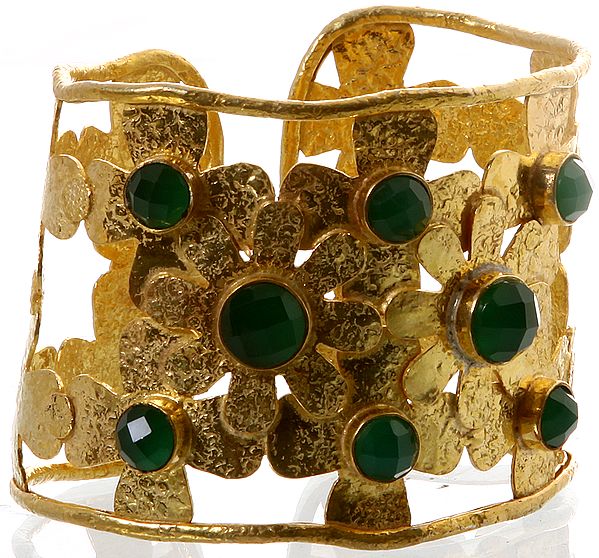 Faceted Green Onyx Gold Plated Cuff Bangle