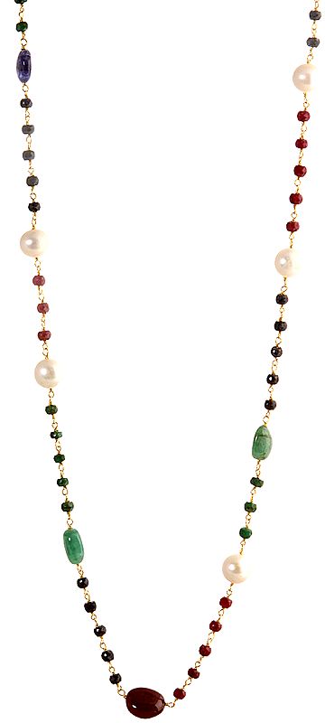 Gemstone Beaded Long Necklace (Emerald, Ruby, Sapphire and Pearl)