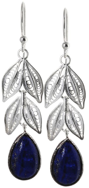 Lapis Lazuli Earrings with Sterling Filigree Leaves