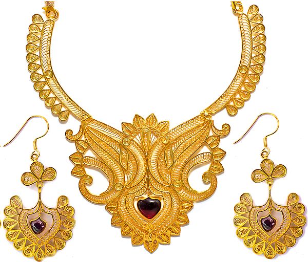 Sterling Gold Plated Art Noveau Necklace and Earrings Set