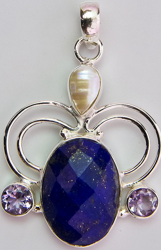 Faceted Lapis Lazuli Pendant with Amethyst and Pearl