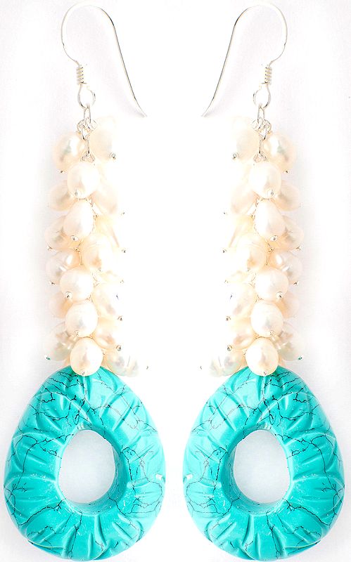 Carved Turquoise Earrings with Pearl Bunch