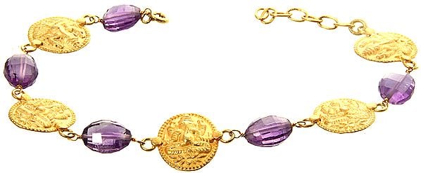 Lord Ganesha Gold Plated Bracelet with Faceted Amethyst