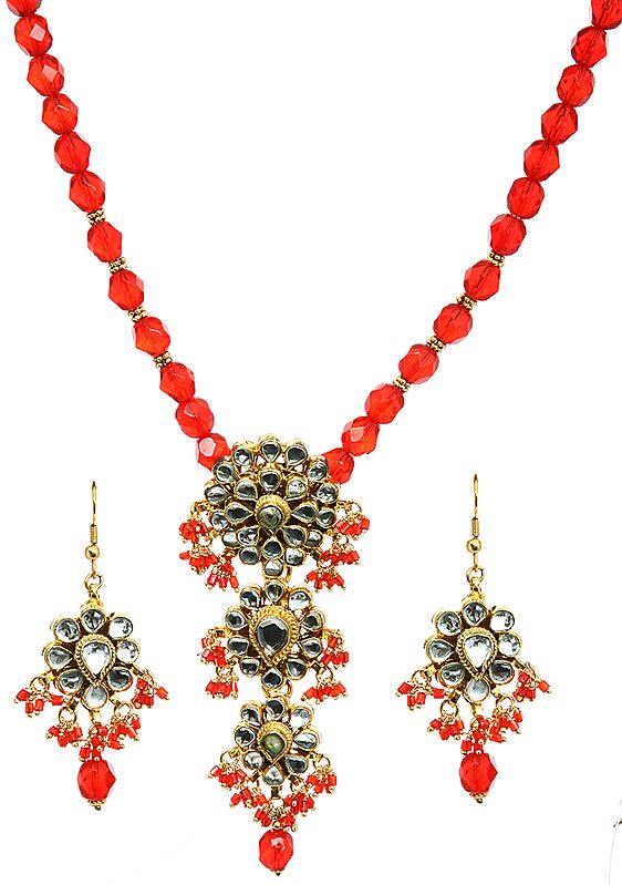 Tomato Red Kundan Beaded Necklace Set with Earrings