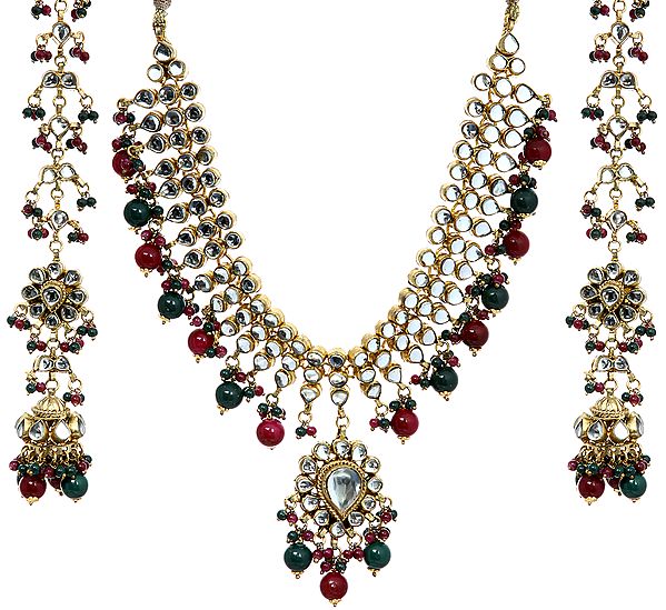 Green and Fuchsia Kundan Beaded Necklace Set with Earrings