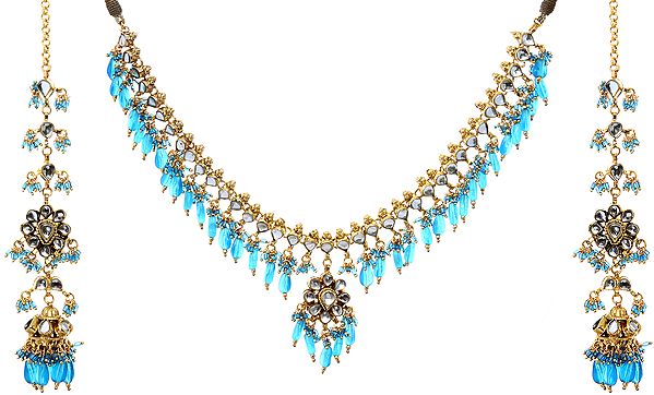 Cendre Blue Kundan Beaded Necklace Set with Earrings