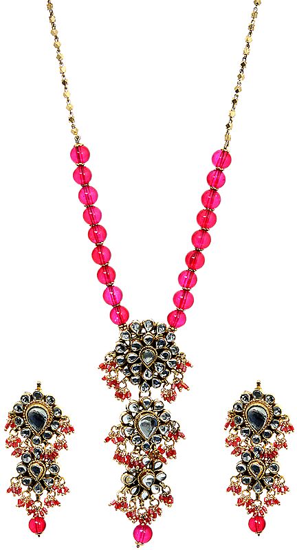 Fuchsia Red Beaded Necklace Set with Earrings