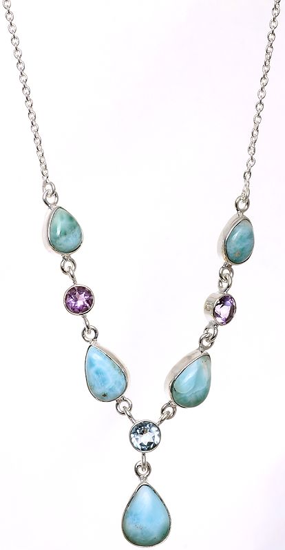 Larimar Necklace with Faceted Blue Topaz and Amethyst