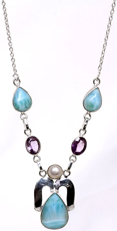 Larimar Necklace with Faceted Amethyst and Pearl