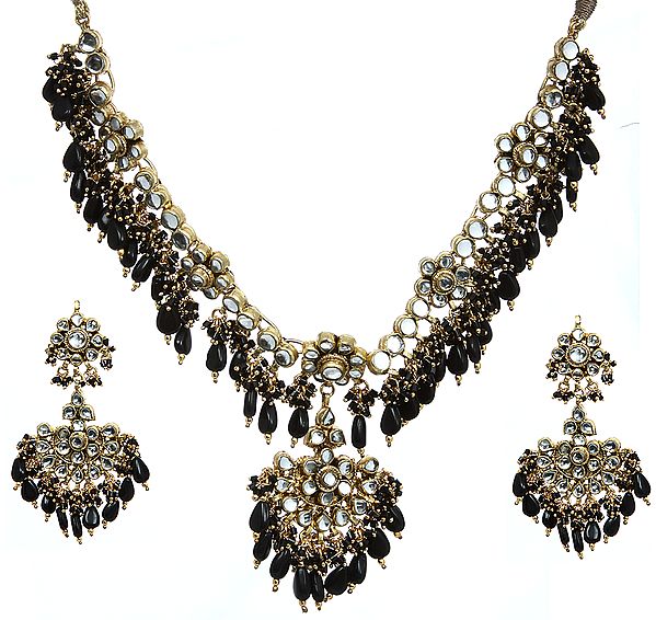 Black Kundan Beaded Necklace Set with Earrings