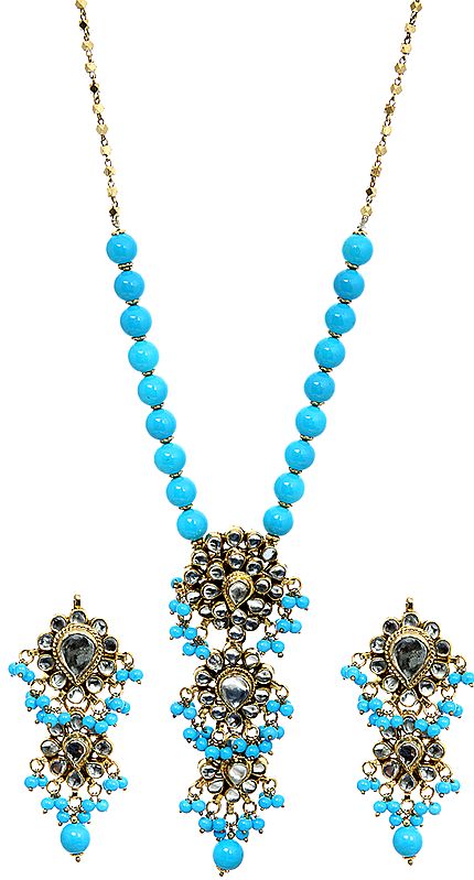 Cyan Blue Kundan Beaded Necklace Set with Earrings