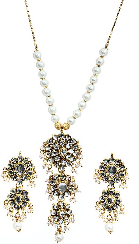 Cream Kundan Beaded Necklace Set with Earrings