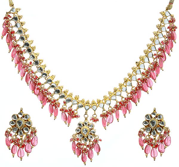 Magenta Kundan Beaded Necklace Set with Earrings