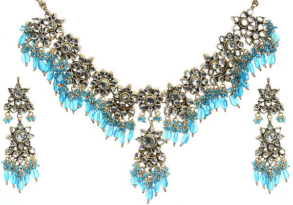 Heritage Blue Kundan Beaded Necklace Set with Earrings