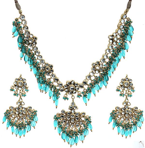 Teal Green Kundan Beaded Necklace Set with Earrings
